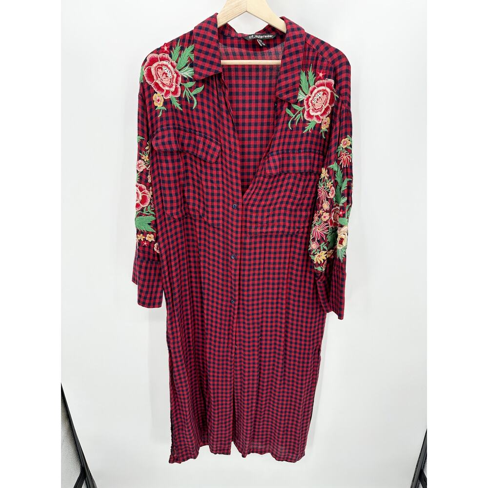 Zara Cardigan Women SMALL Red Navy Blue Plaid Button Front Maxi Dress Dusterβ